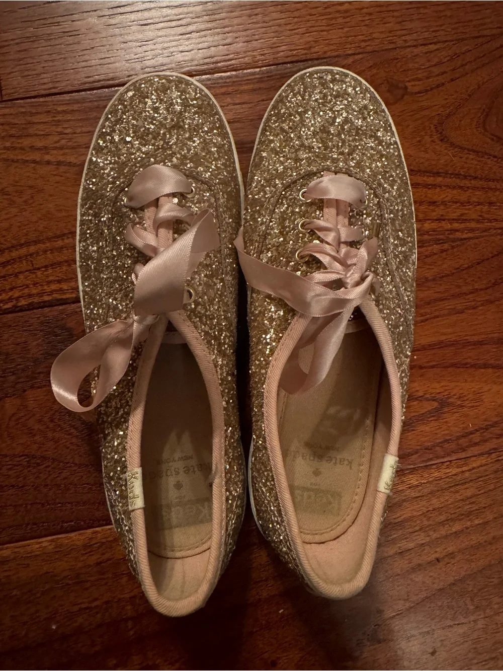 Kate Spade x Keds Pink Rose Glitter Champagne Sneakers 7.0 with Satin Laces